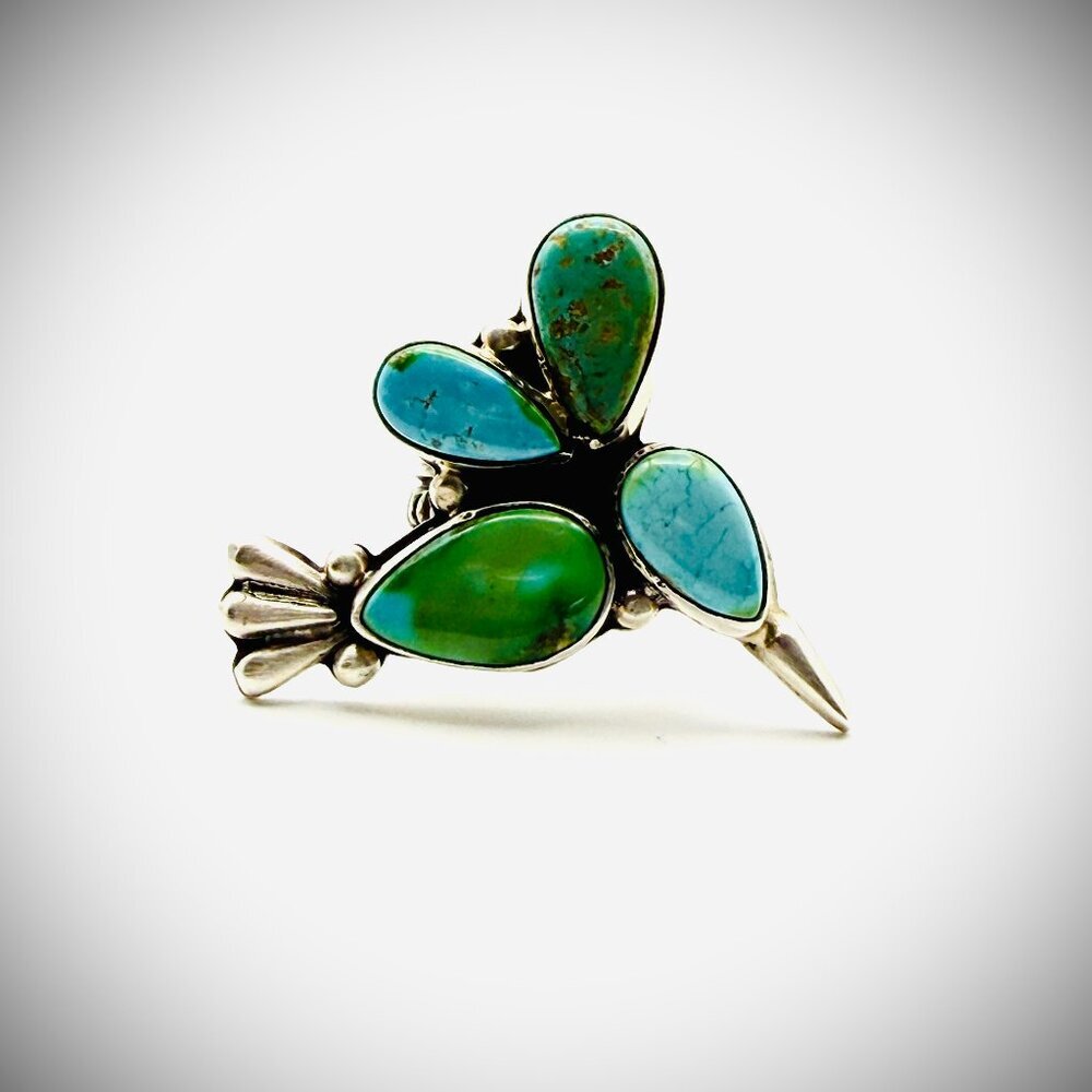 STERLING SONORAN GOLD TURQUOISE HUMMINGBIRD RING Signed "DY"